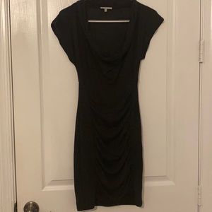 Cowl neck little black dress with ruched front